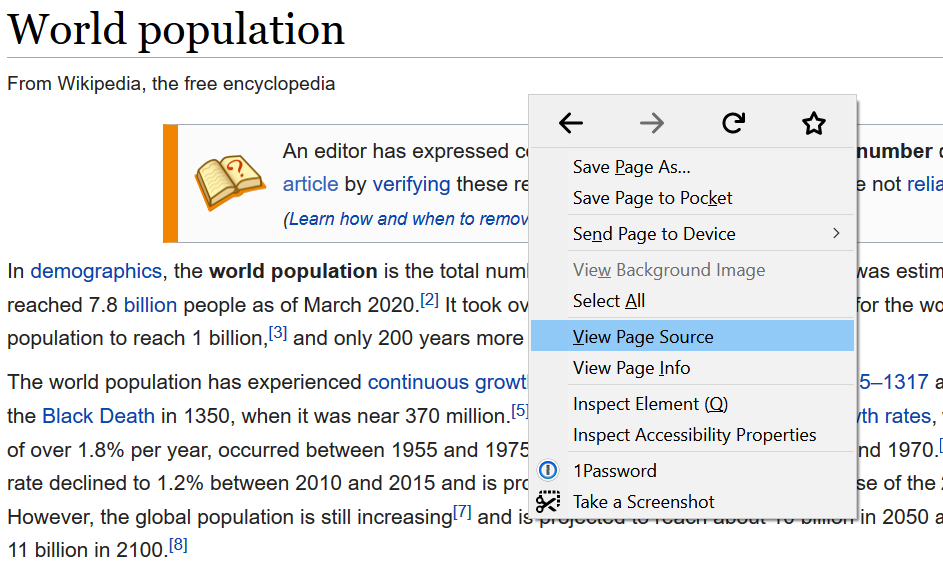 Selecting page source in Firefox