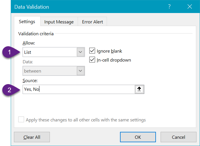 Example showing how to type items directly into data validation tab