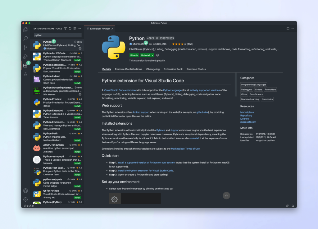 Finding the Python Extension for VS Code